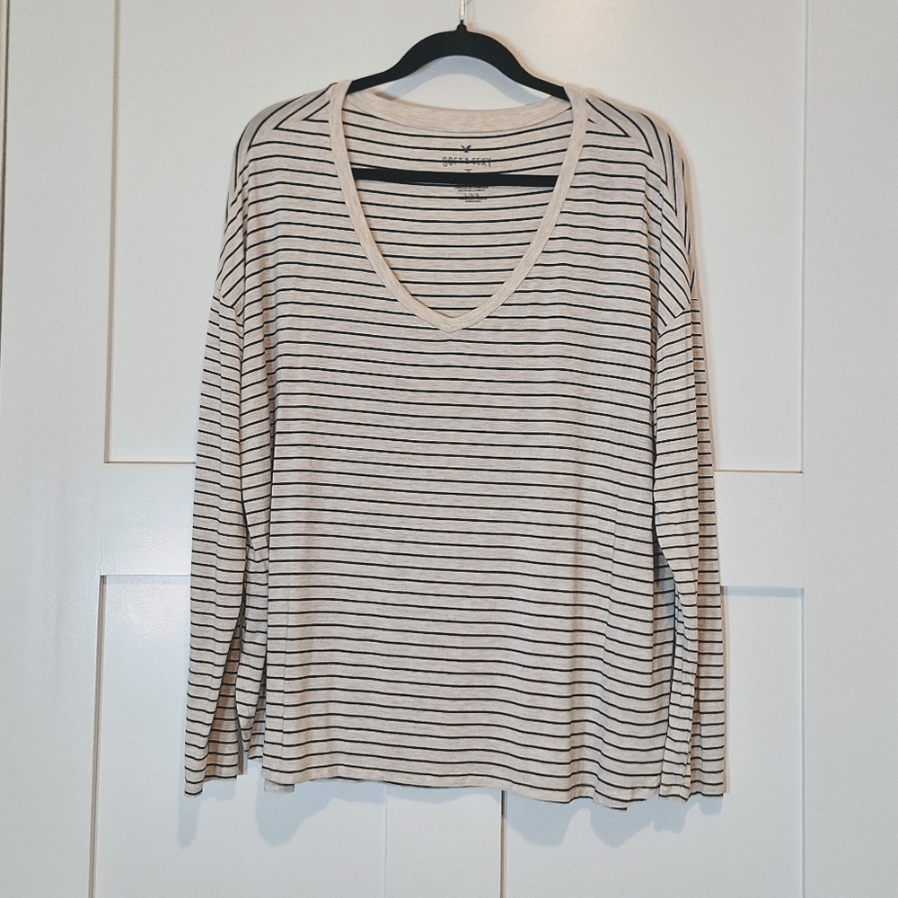 Aeo Soft & Sexy Striped V Neck Long Sleeve T Shirt Viscose Stretch Large